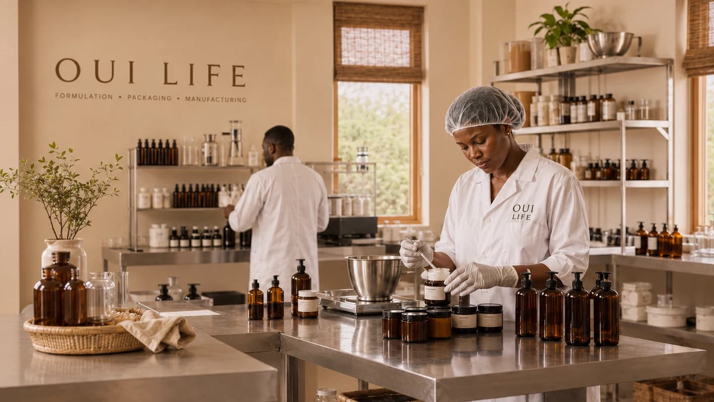 OUI Life production room in Mile 2, Lagos, with formulation equipment and filled product in progress