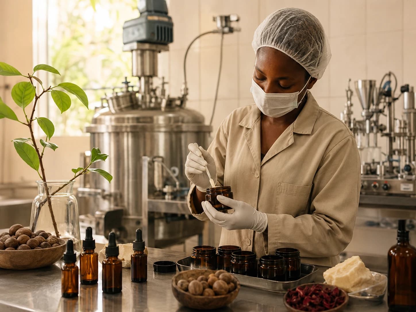 Technician preparing amber sample jars inside a warm beauty manufacturing workspace with stainless equipment and botanical raw materials.